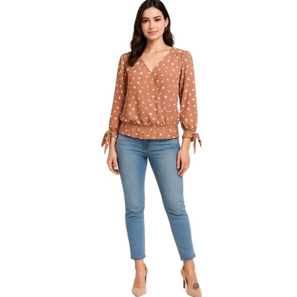 West Kei Tops - West‎ Kei Blouse Womans Medium Tan Polka Dot Surplice Tie-Sleeve Blouse Office